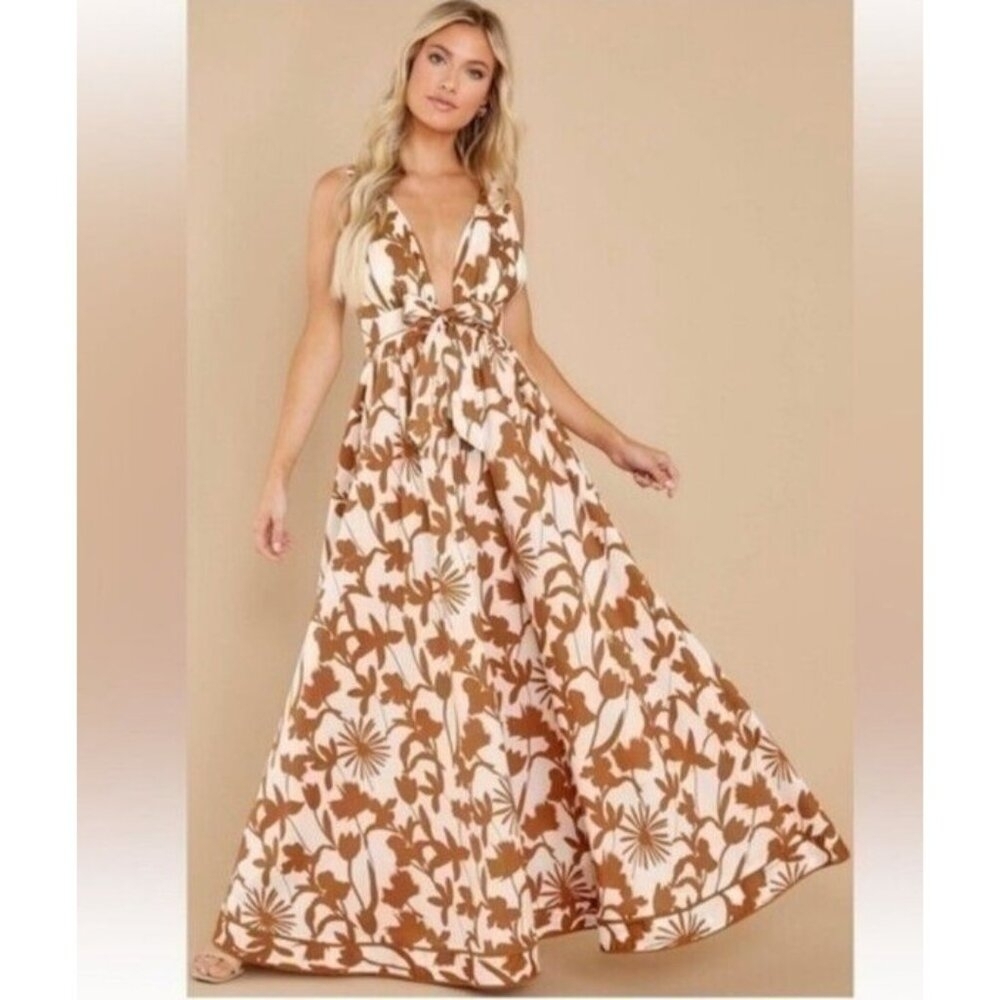 Aakaa Floral Maxi Dress Women Sz S Reddish Brown & White Summer - Picture 6 of 14